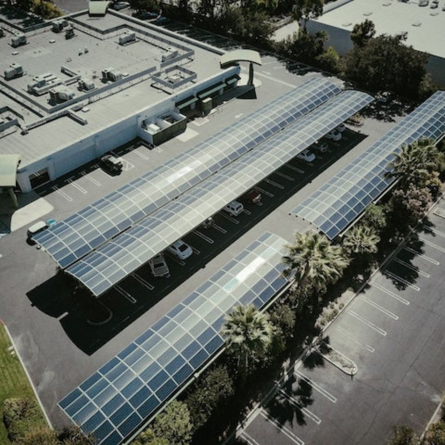 a car park with solar panels on its roof