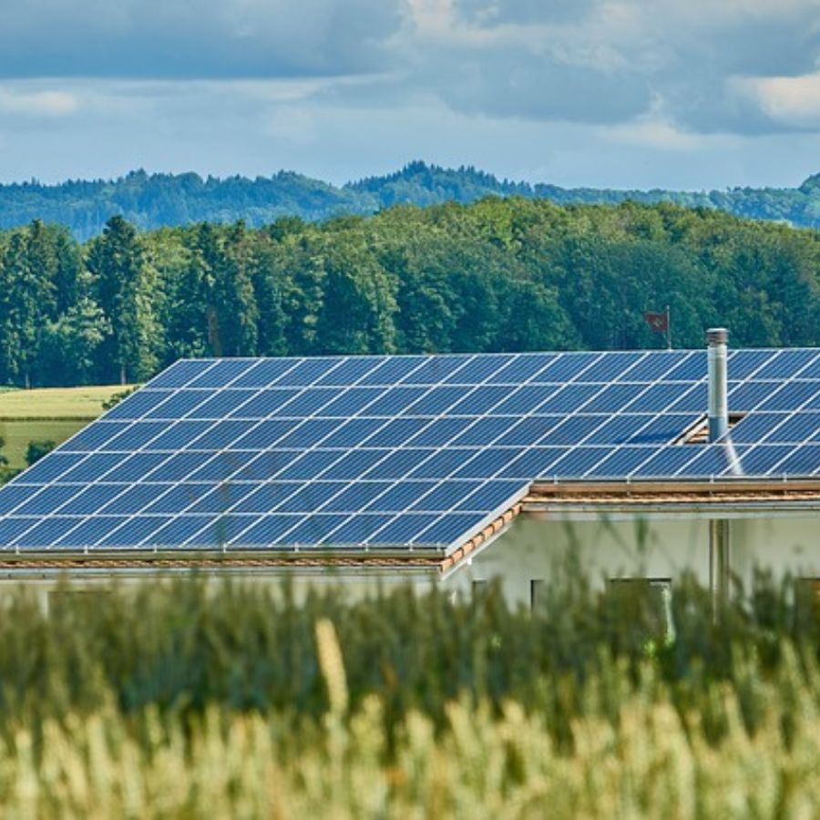 a roof filled with solar panels