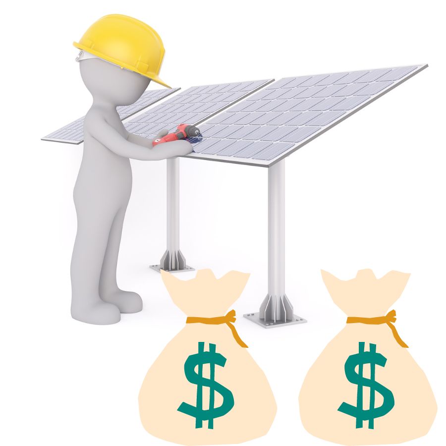 an illustration showing solar grants with a man inspecting solar panels
