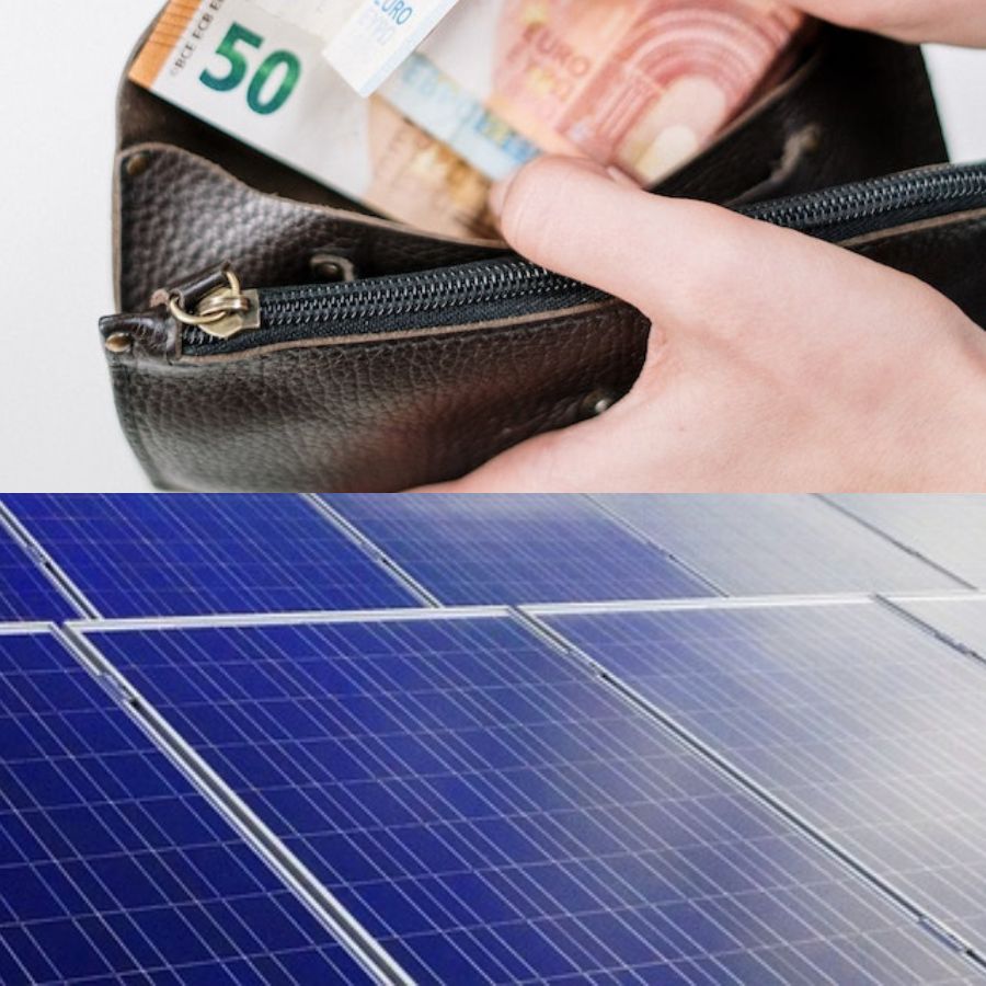 an illustration of cost of solar panels showing a wallet with a wad of money and solar panels below it