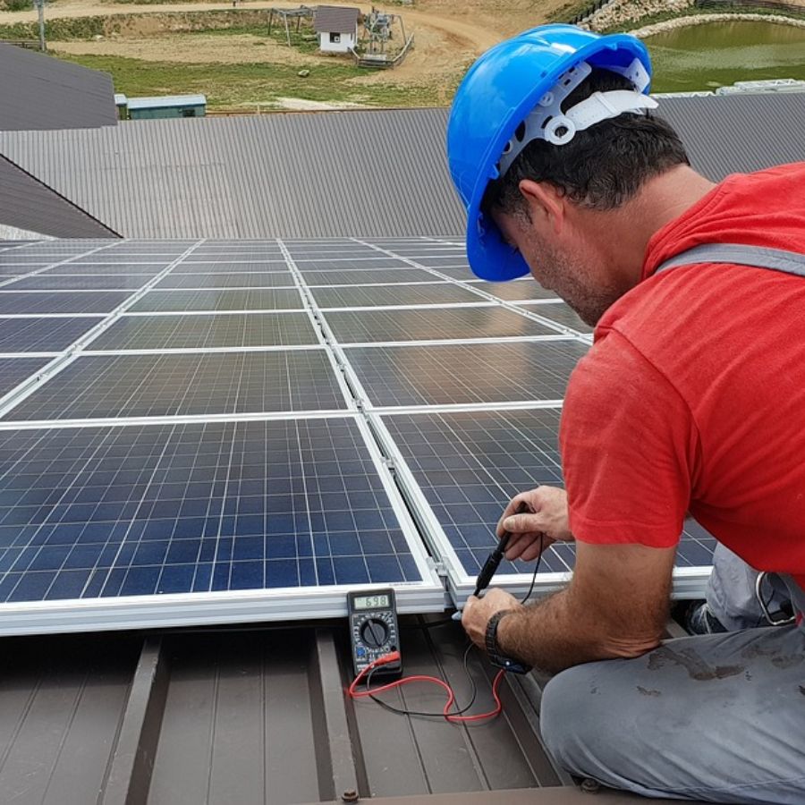 A man inspecting solar panels for repairs and maintenance