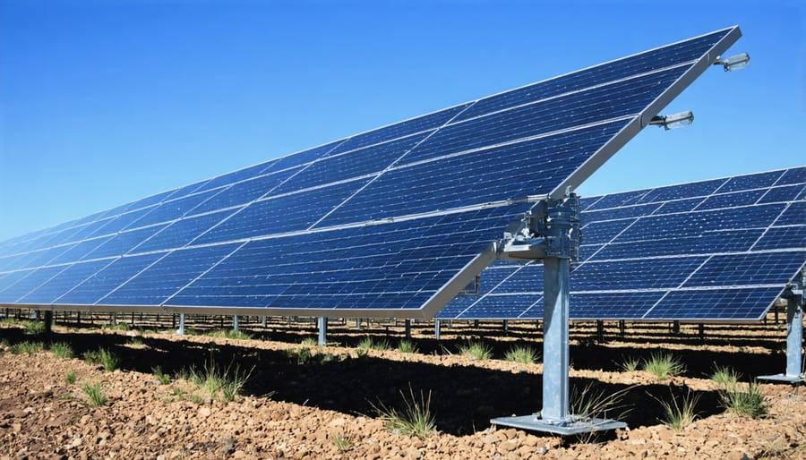 Ground-mounted solar panels with adjustable tilt mechanisms at sunrise