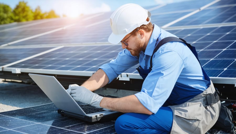 Technician hands maintaining solar battery connections with testing equipment