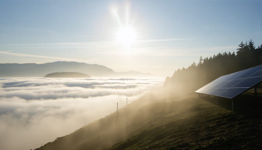 Sunlight breaking through morning coastal fog over BC landscape