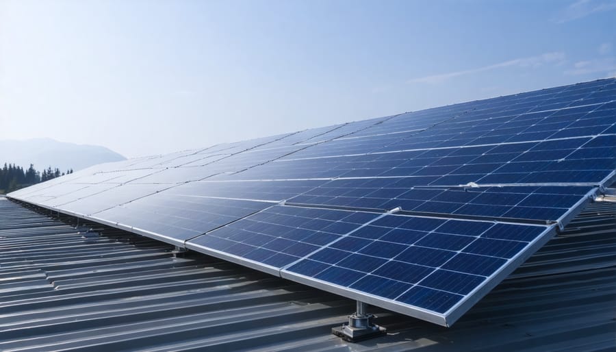 Residential rooftop solar installation under cloudy sky with mountains in background