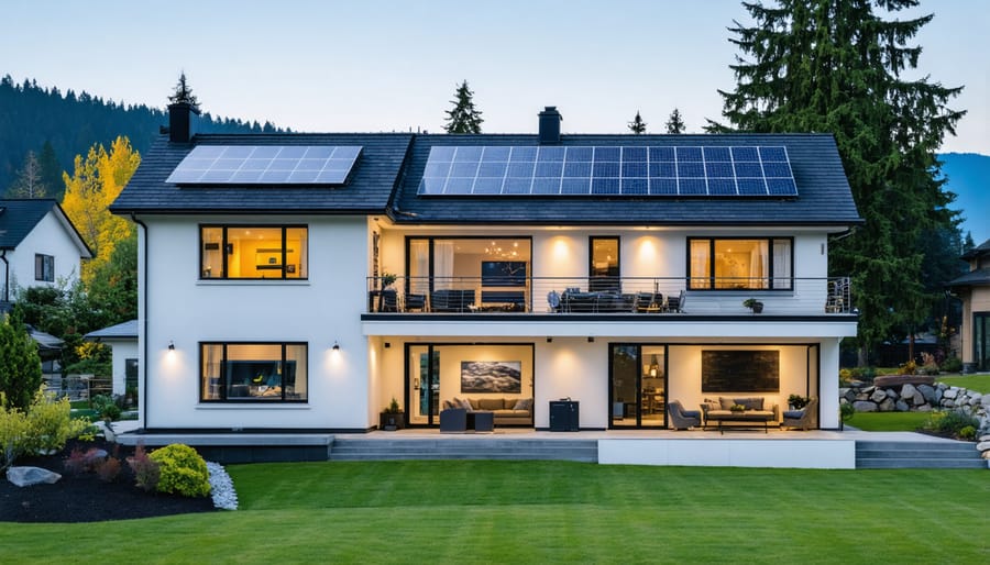 Couple standing in front of their BC home equipped with solar panels and battery storage