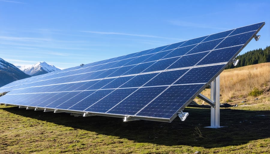 Aerial view of solar panel array on forested mountainside in British Columbia