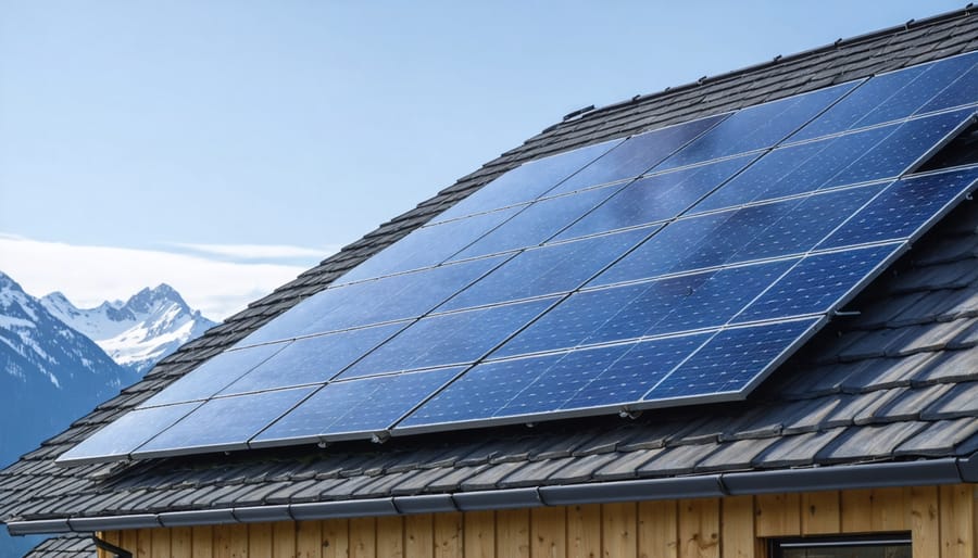Rooftop solar panel installation with mountain landscape backdrop
