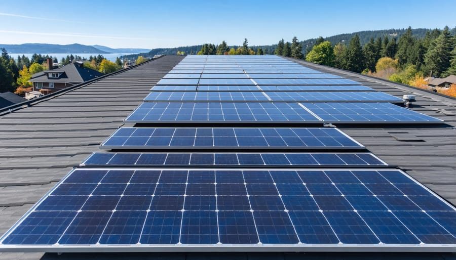 Aerial view of residential solar panel array installed on steep roof