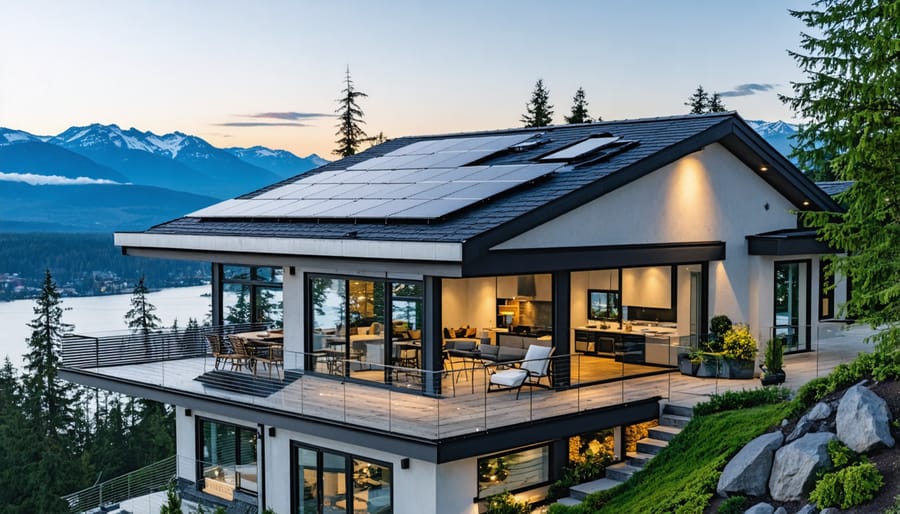 Modern house with large rooftop solar array surrounded by evergreen trees and mountains