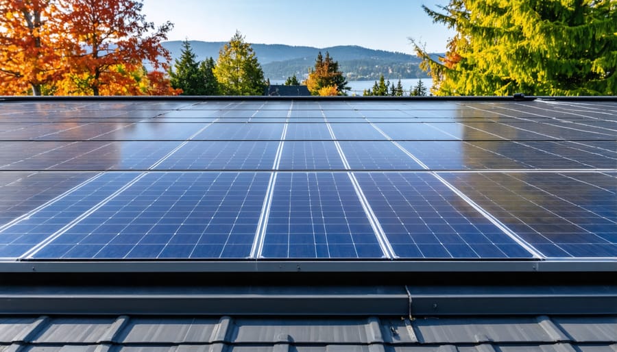 Solar panel installer working on residential roof installation in British Columbia