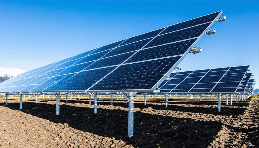 Solar panel array in snowy mountain setting with dramatic landscape backdrop