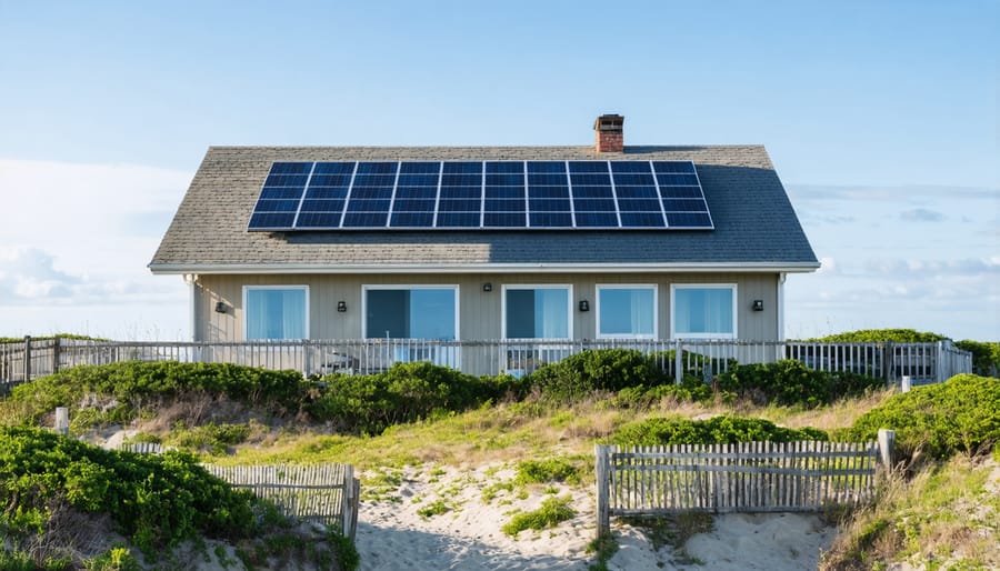 Oceanfront house with rooftop solar installation in misty coastal setting