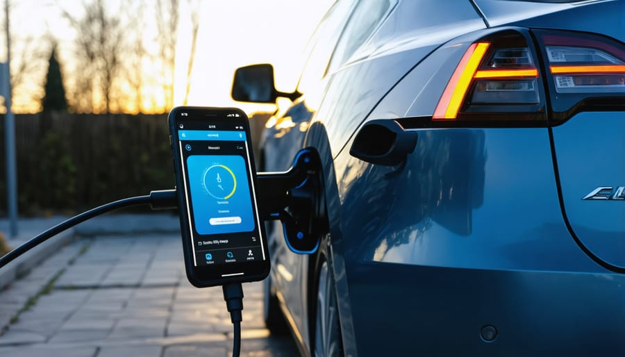 Person using smartphone while their electric vehicle charges at dusk