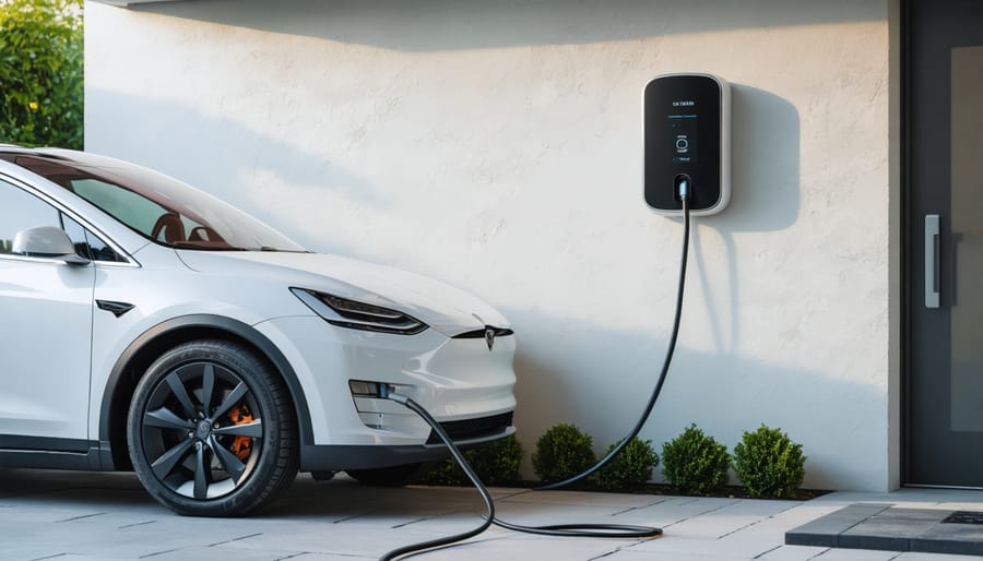 Electric car connected to wall-mounted home charging station in a garage