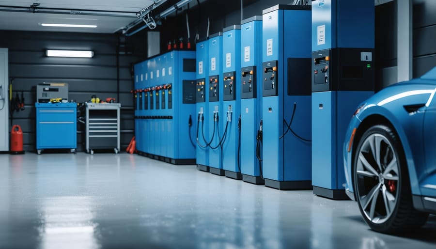 Wall-mounted lithium-ion solar battery storage system in residential garage