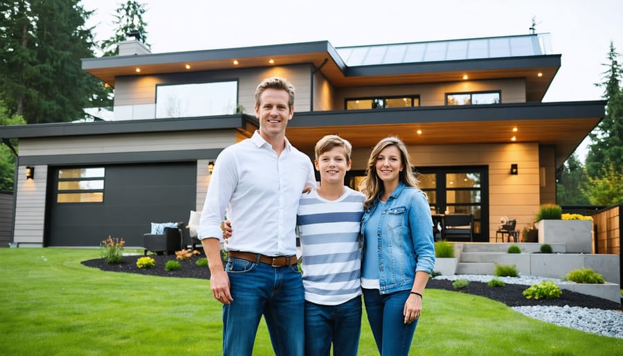 BC family proudly standing in front of their completed zero energy home with visible solar installation