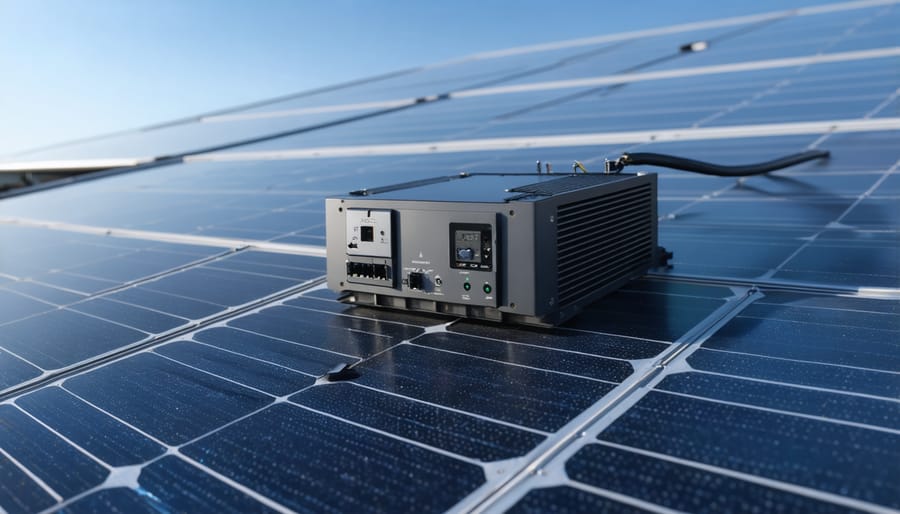 Close-up of microinverter device mounted on underside of solar panel
