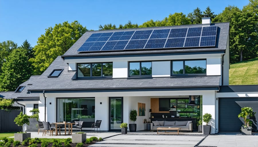 Aerial view of solar panels installed on residential rooftop