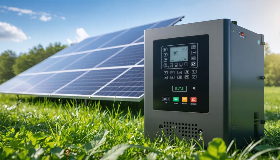 Black solar inverter unit mounted on exterior home wall with LED display