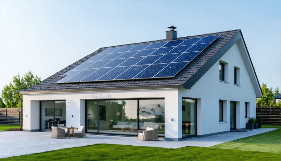 Contemporary zero energy house featuring solar panel array and large windows for passive solar heating
