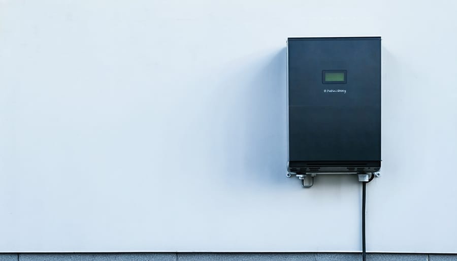 Wall-mounted residential battery storage system in modern home garage