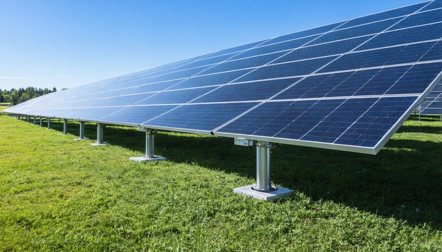 Ground-mounted solar panel array in residential backyard with mountain backdrop