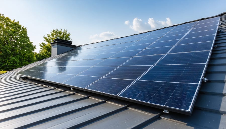 Residential rooftop solar panel array on modern home