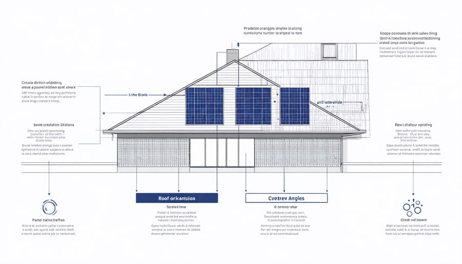Technical diagram illustrating optimal solar panel placement angles and roof orientation factors