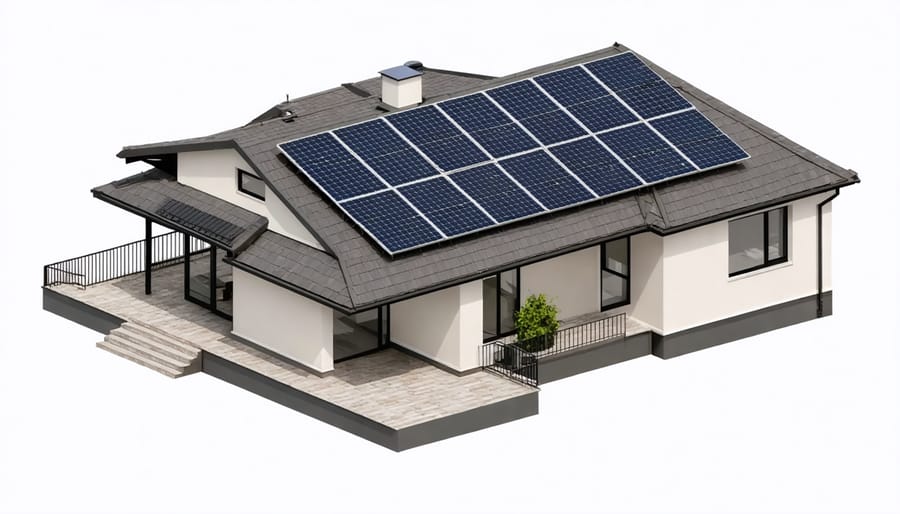 Illustrated diagram of a house roof with solar panel arrangement options and measurements