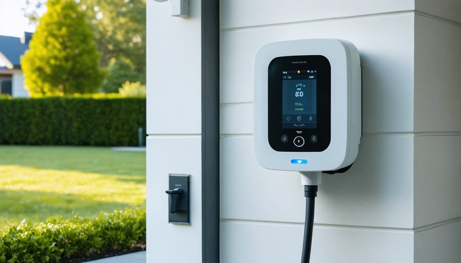 Close-up view of residential smart electricity meter on house exterior