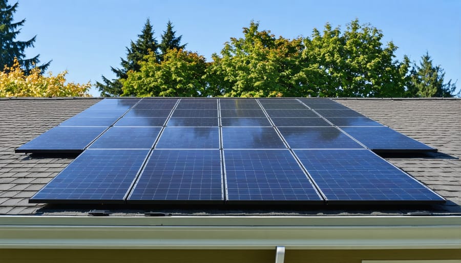 Homeowner checking solar system performance on smartphone with solar panels in background