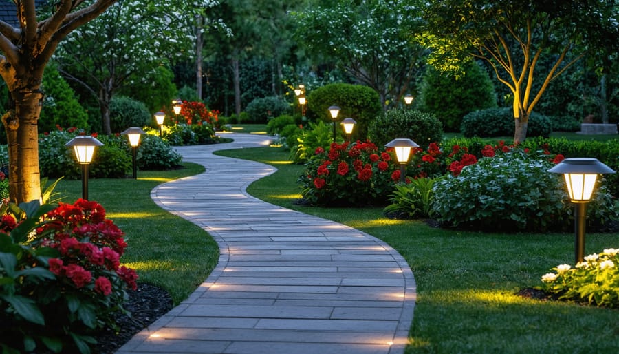 Solar-powered garden lights illuminating a curved pathway with flowers and shrubs