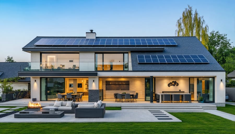 Contemporary house with solar panels during sunset showing architectural integration