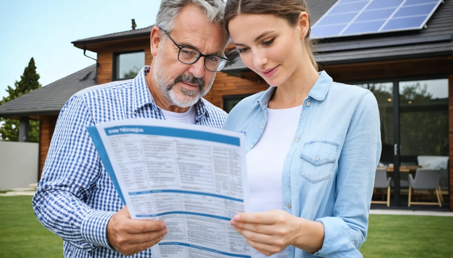 Couple reviewing property documents in home with visible solar panels through window