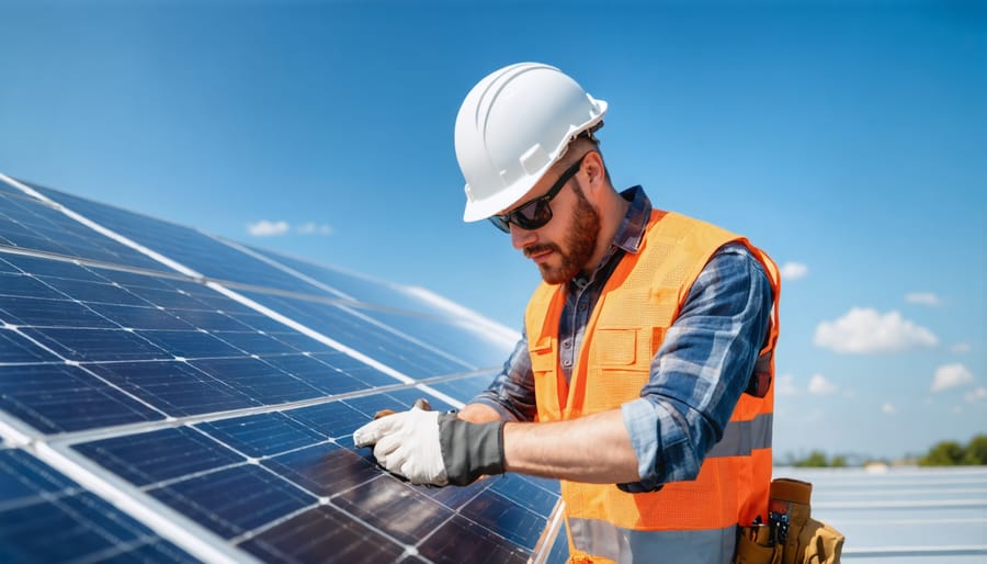 Solar installer in safety gear examining roof mounting hardware
