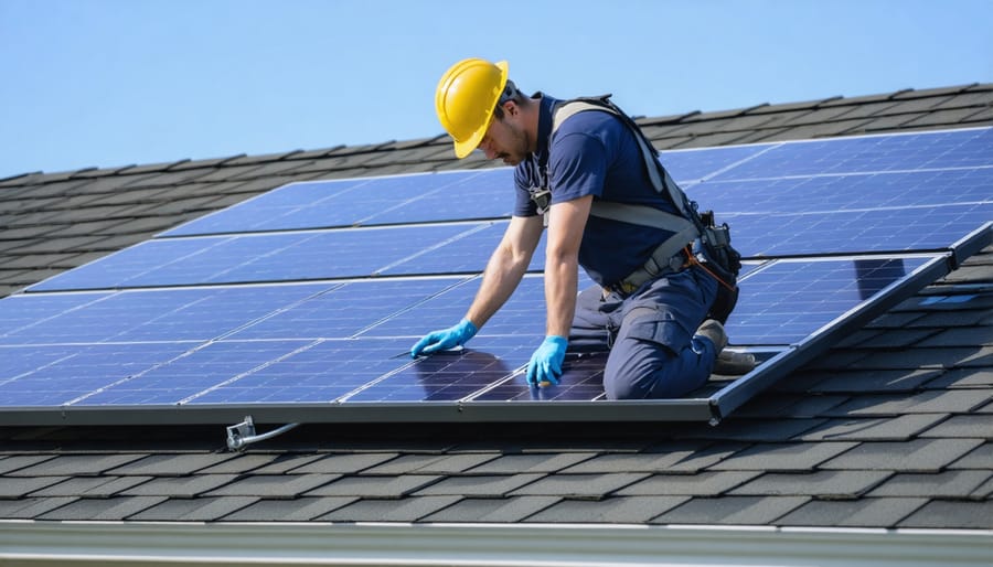 Solar installer mounting panel to Z brackets on residential roof