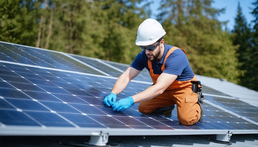 Solar technician installing panel on residential rooftop