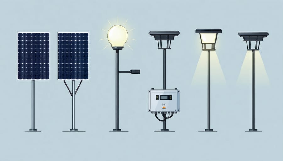Technical illustration of solar lighting system components and their connections