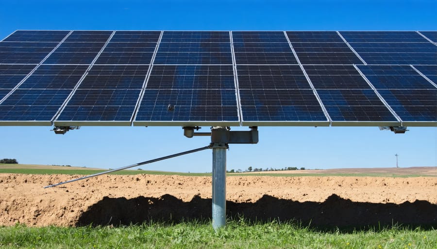 Close-up of solar panel ground mount foundation post and bracket installation