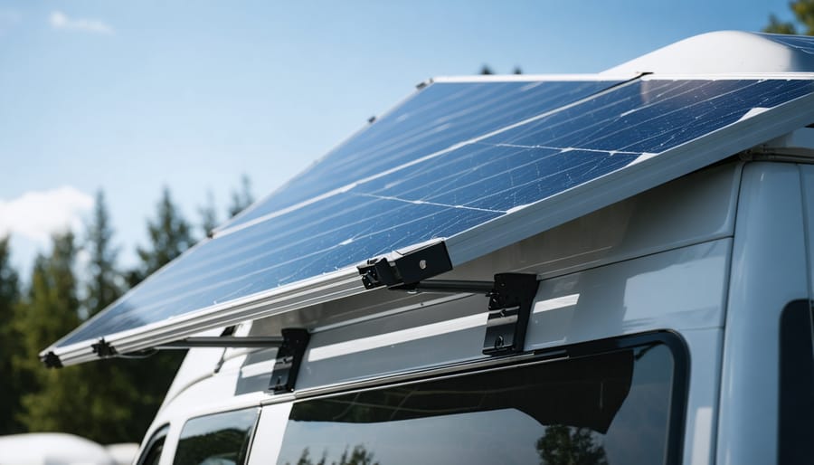 Detailed view of solar panel mounting brackets and hardware on van roof