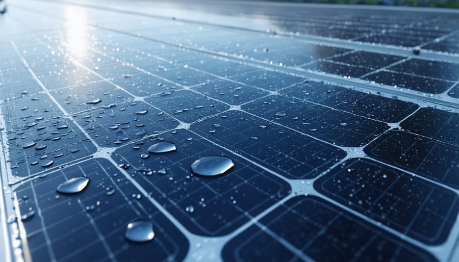 Extreme close-up of water droplets on solar panel surface in morning light