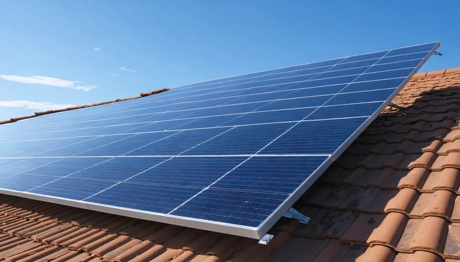 Solar panels on residential roof at sunset transitioning from day to night