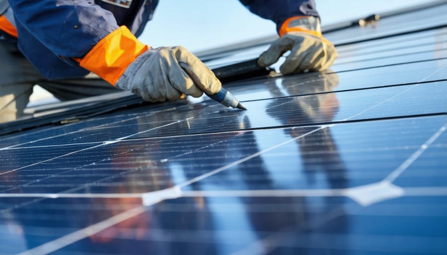 Solar technician inspecting panels with diagnostic equipment