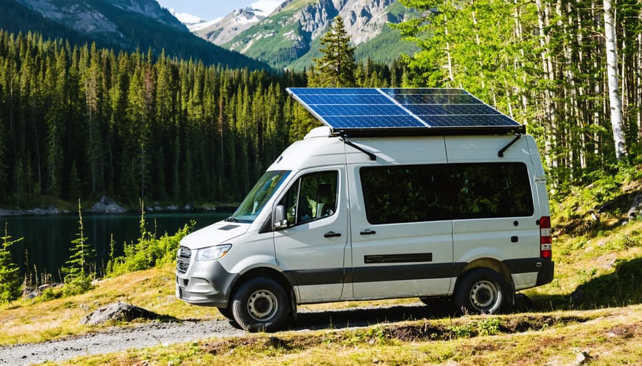 Camper van with roof solar panels parked in scenic BC mountain landscape