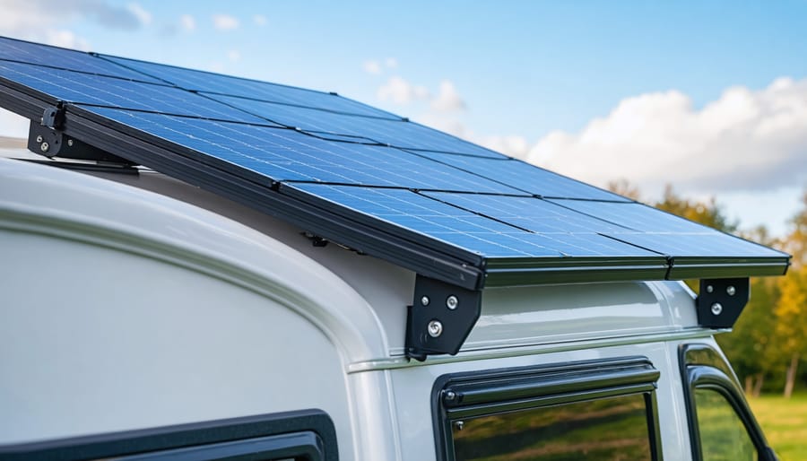 Solar panels installed on white camper van roof viewed from above