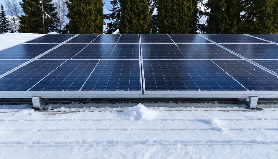 Snow-covered roof with elevated solar panels showing proper clearance