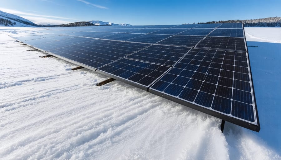 Snow-covered solar panels on residential roof with coastal landscape in background