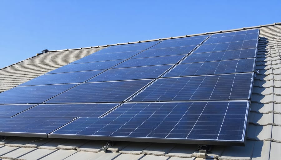 Solar panel array installed on residential roof with Kelowna landscape in background