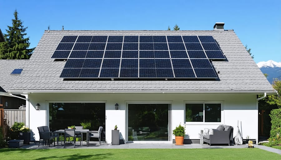 Modern BC home with solar panels on roof and battery storage unit installed on exterior wall
